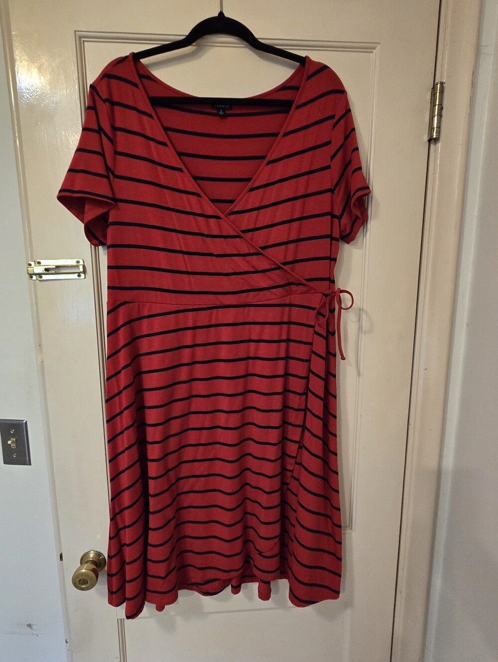 Torid Size 2 Red and Navy Striped Wrap Dress with Side Tie